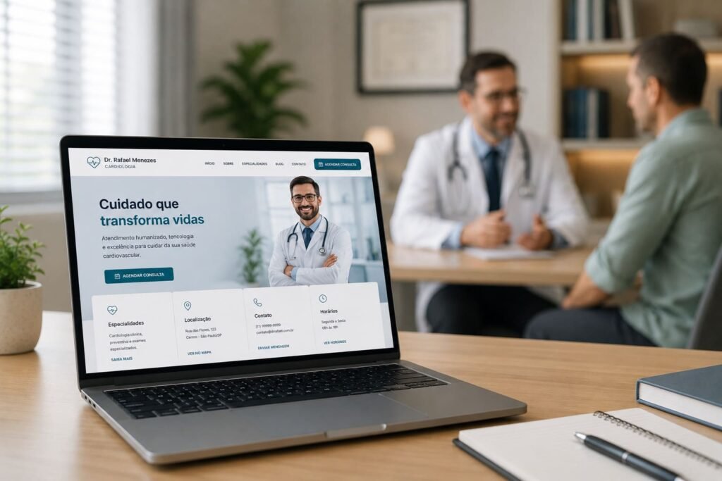 Médico utilizando um site profissional para apresentar informações do consultório.